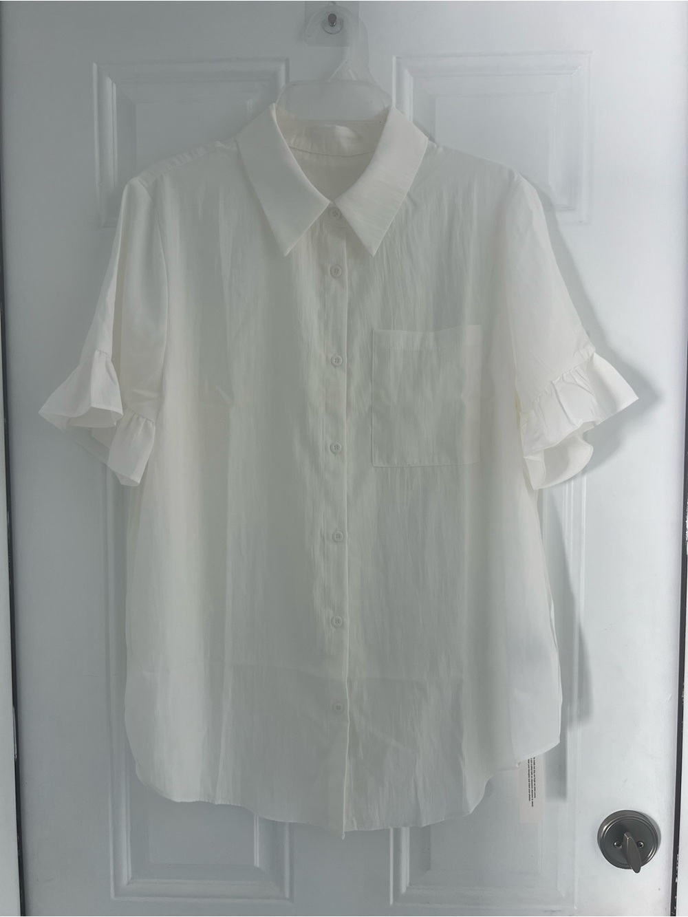 New Women's Solid White Short Sleeve Collared Button-Up Shirt Size L #927